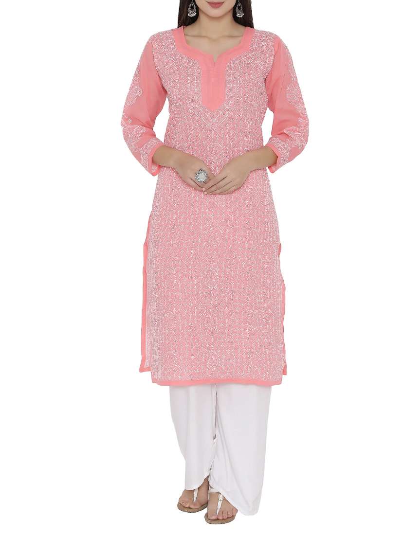 ada peach cotton straight chikankari kurta