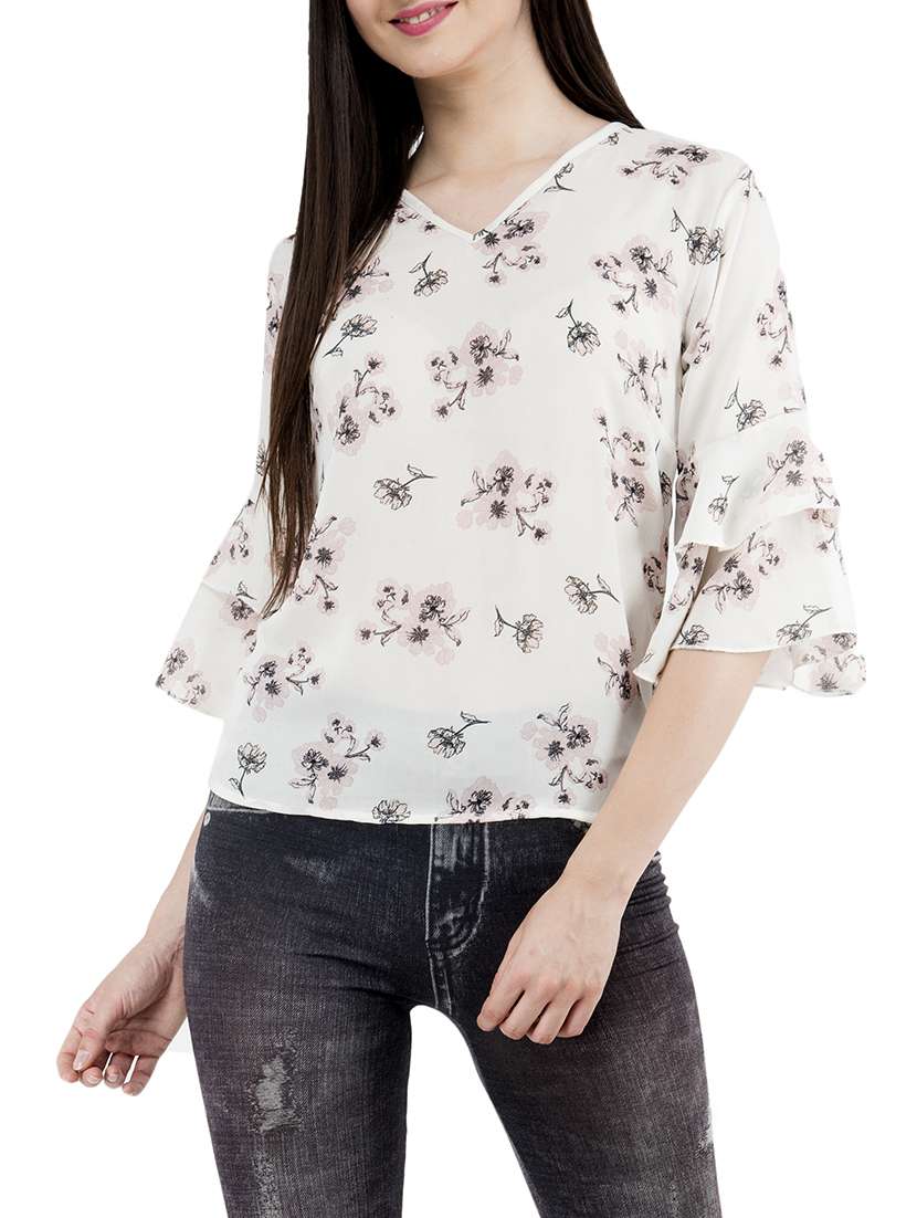 white printed bell sleeved top