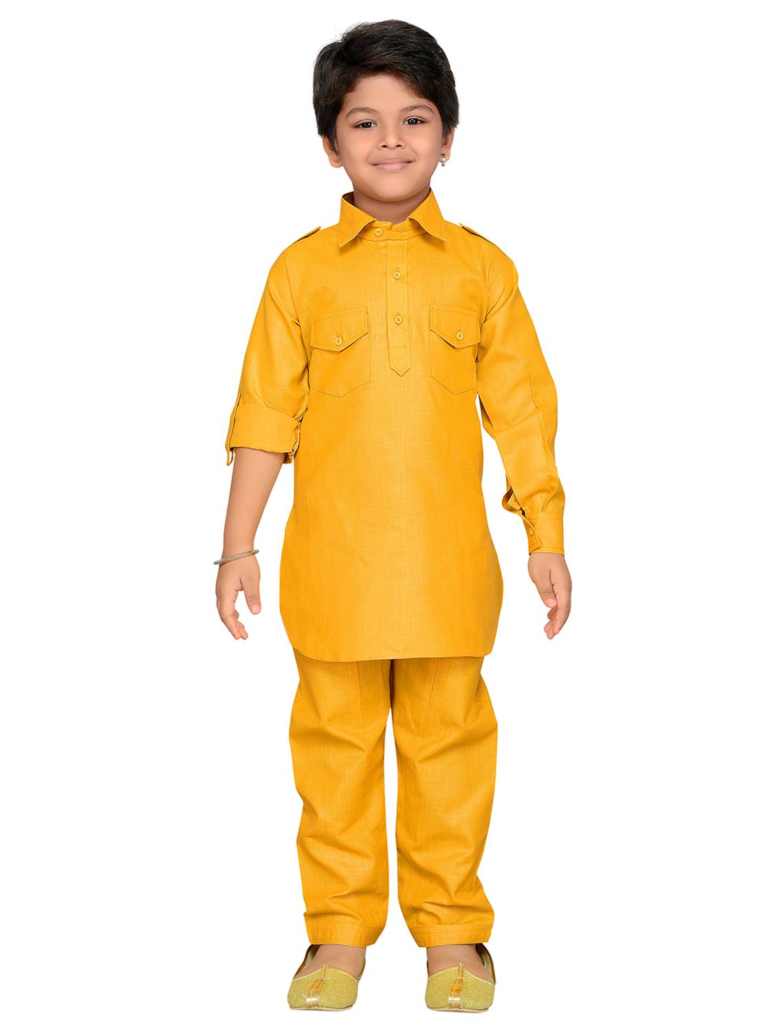 yellow cotton pathani kurta set - 15052882 - Standard Image - 3