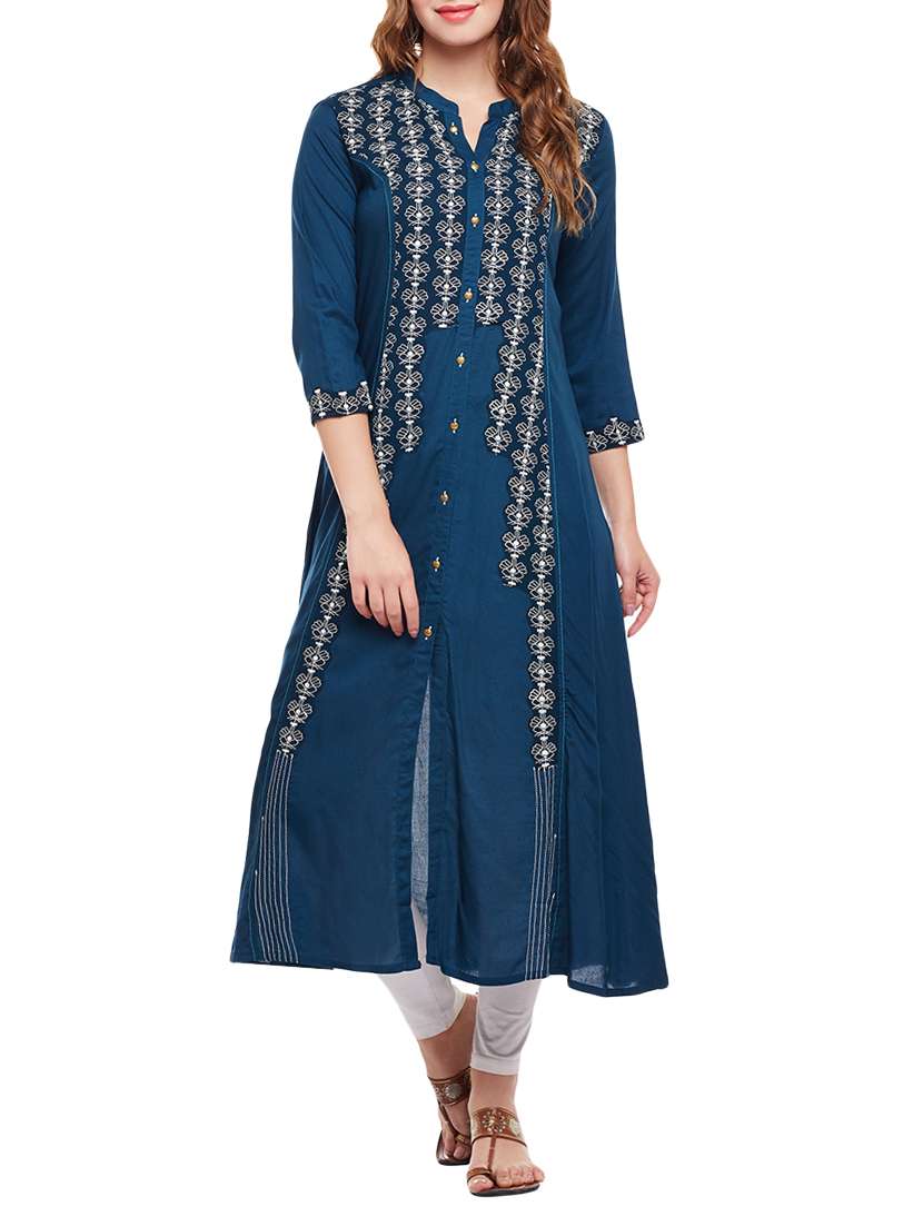 blue viscose aline kurta - 15056051 - Zoom Image - 0
