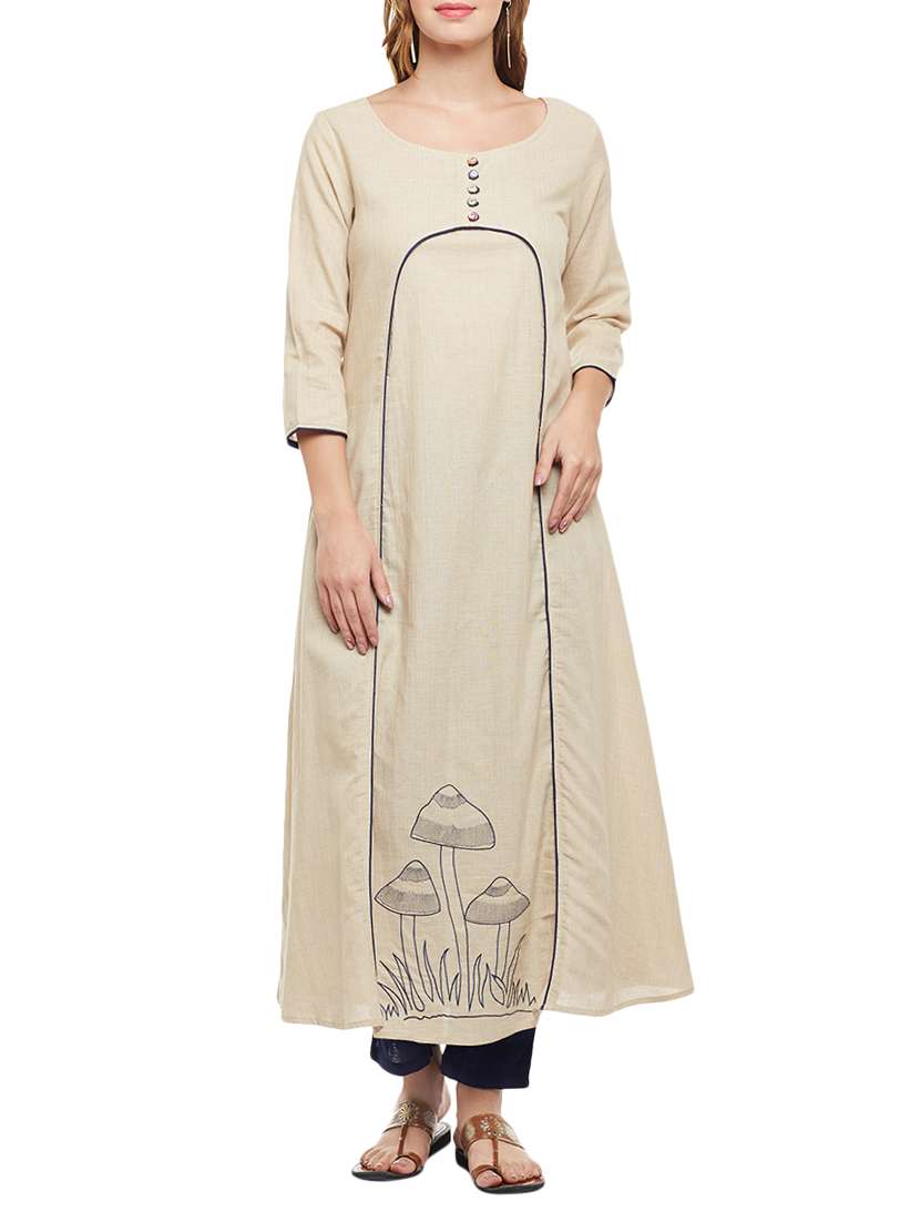 beige cotton solid kurta - 15056068 -  Zoom Image - 0