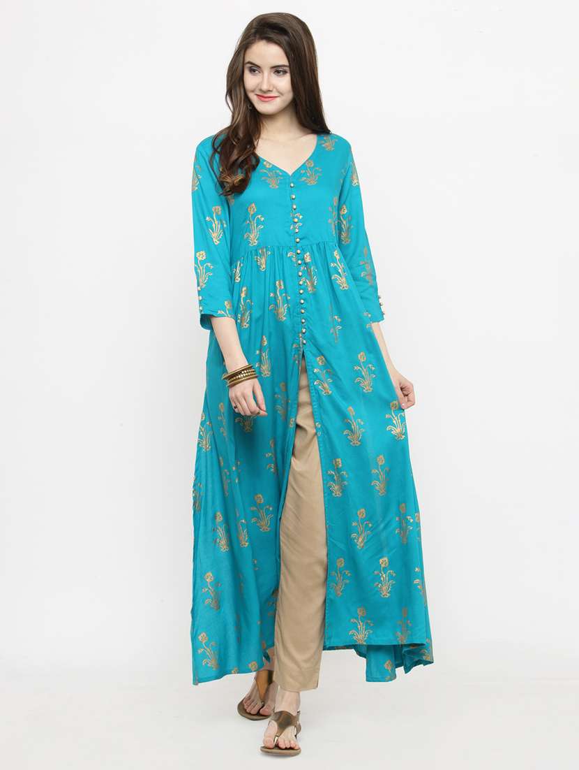 block printed front slit kurta