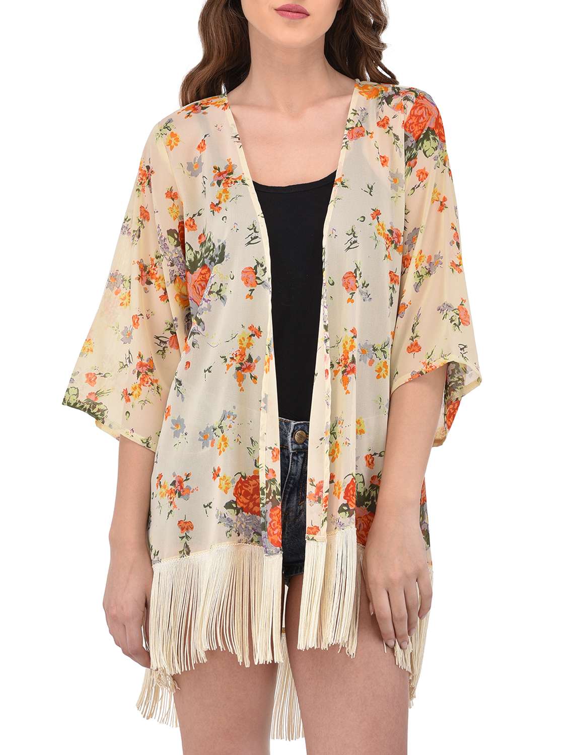 Buy online Yellow Floral Fringed Shrug from Capes Shrugs for