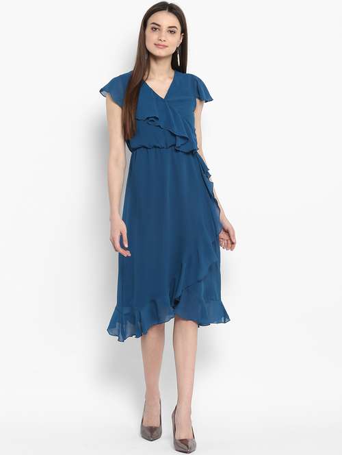blue solid ruffle dress - 15066886 - Standard Image - 0