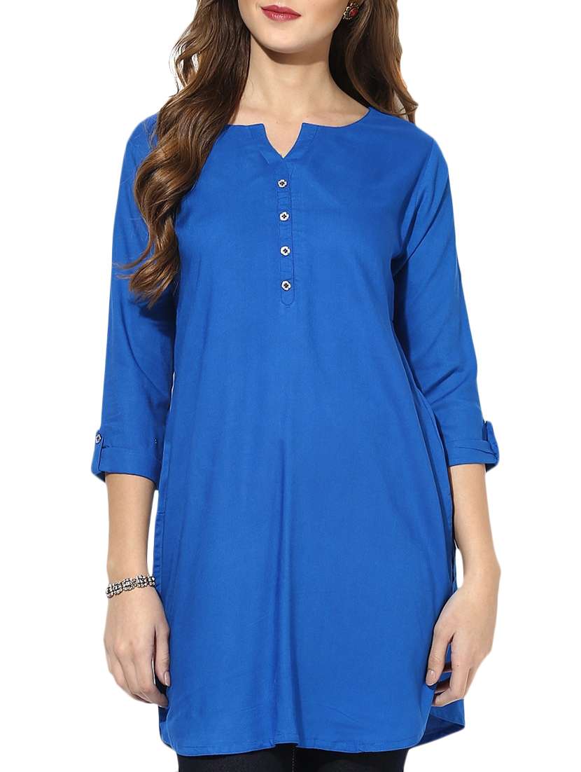 blue color  rayon solid three quarter sleeves kurta