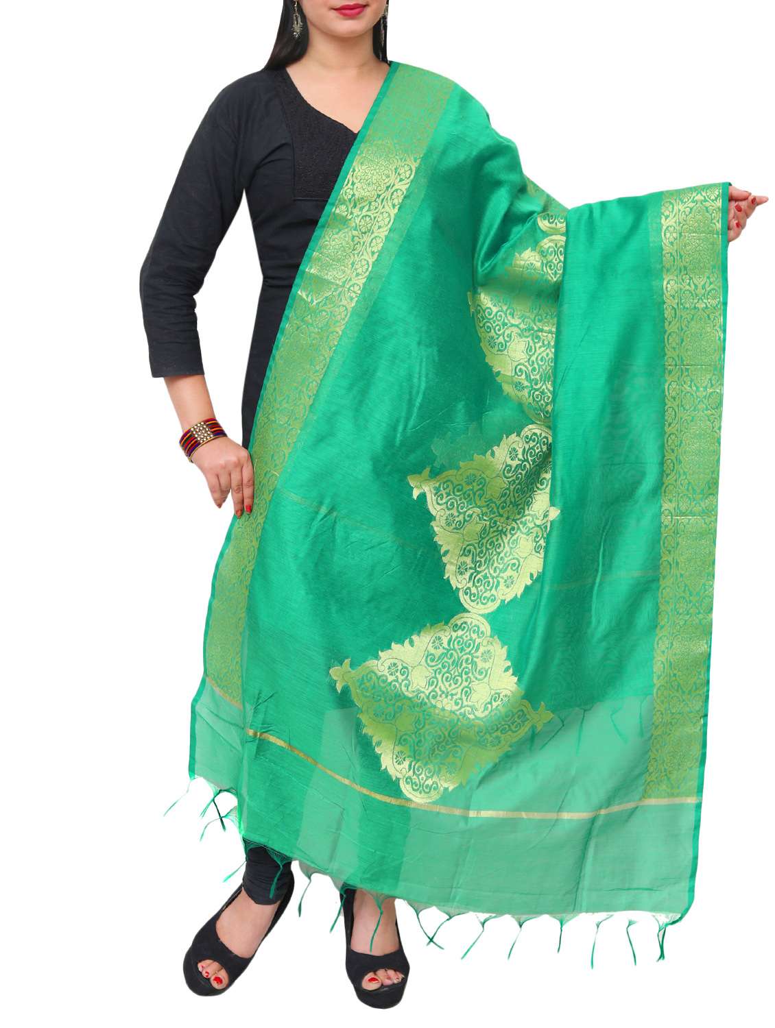 green chanderi dupatta - 15070496 -  Zoom Image - 0