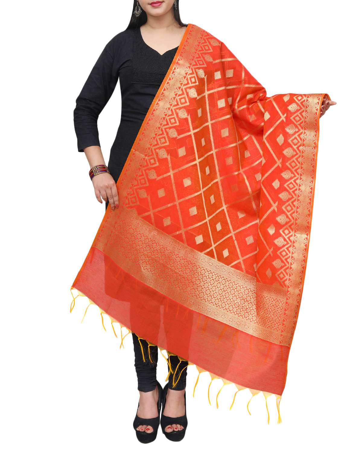 orange banarasi dupatta - 15070808 - Zoom Image - 0