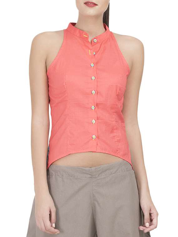 orange solid cotton asymmetric shirt