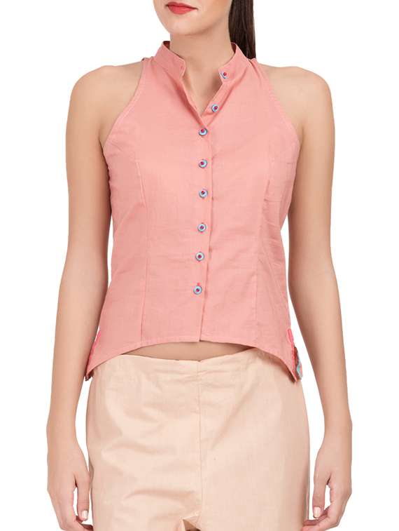 pink solid cotton asymmetric shirt