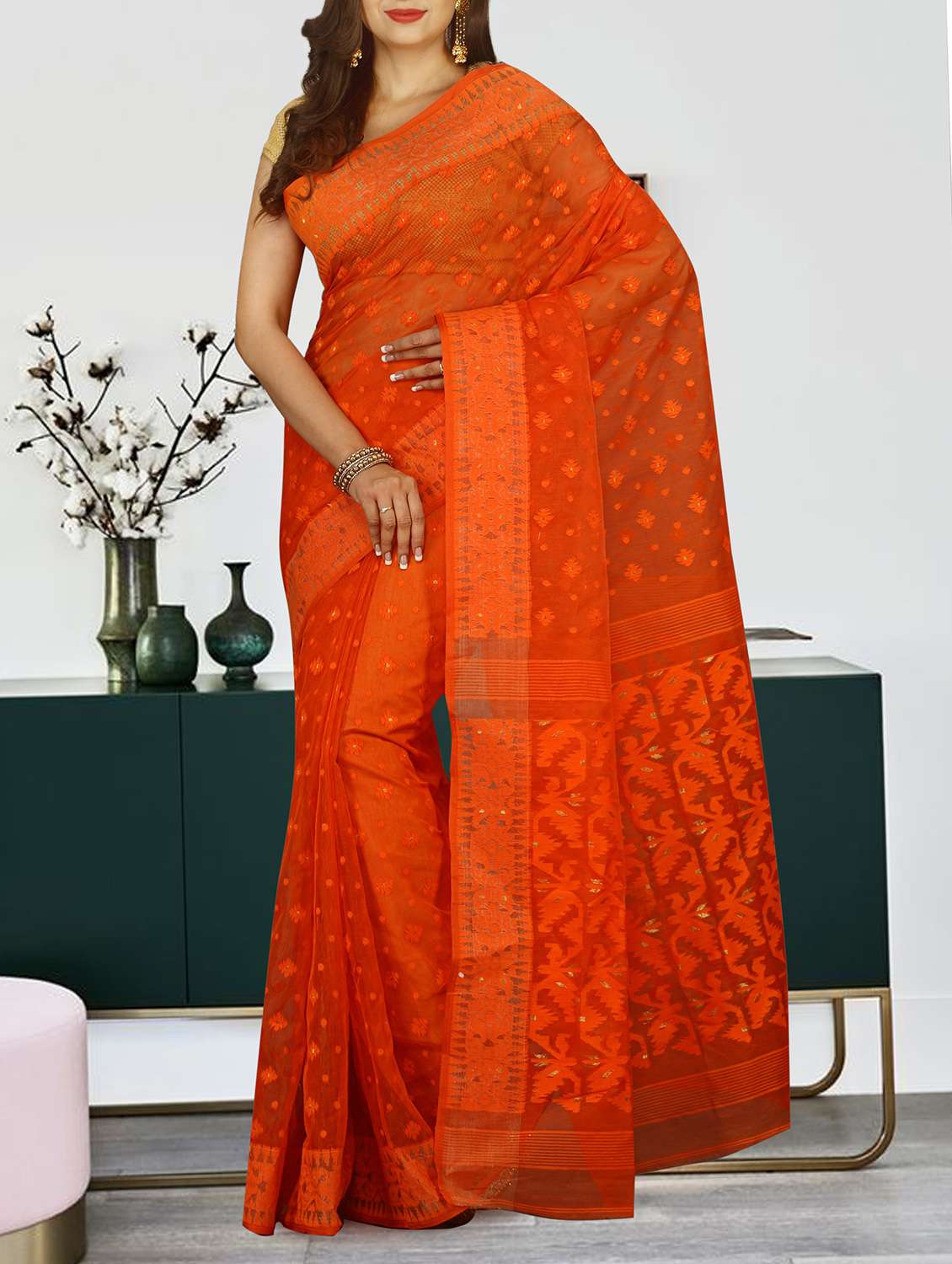 orange cotton silk jamdani saree