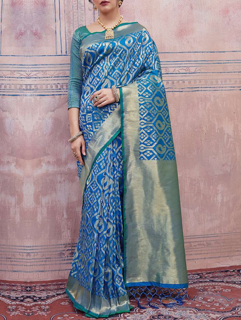 blue silk woven saree with blouse