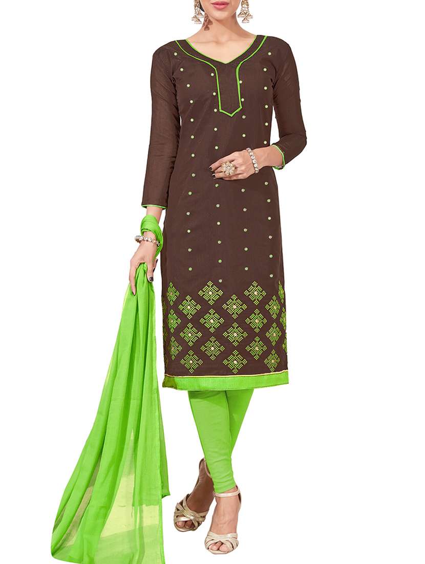 brown cotton unstitched churidaar suit