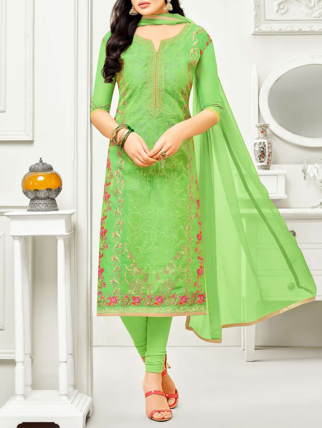 green cotton unstitched churidaar suit