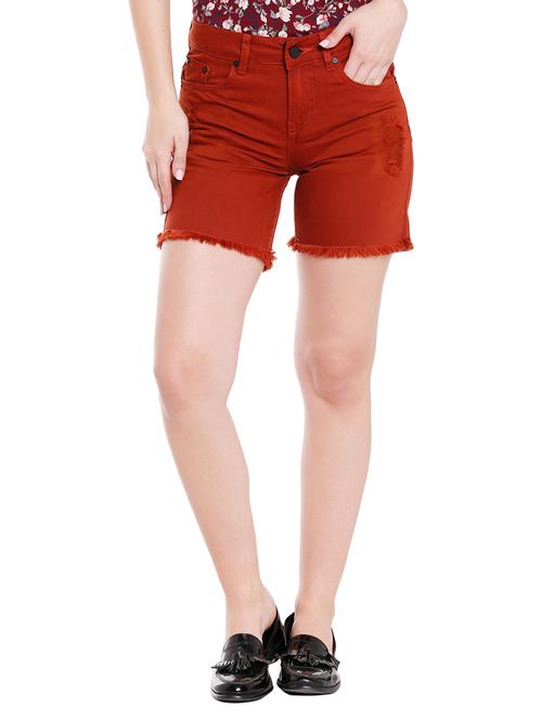orange denim frayed shorts - 15086827 - Standard Image - 0