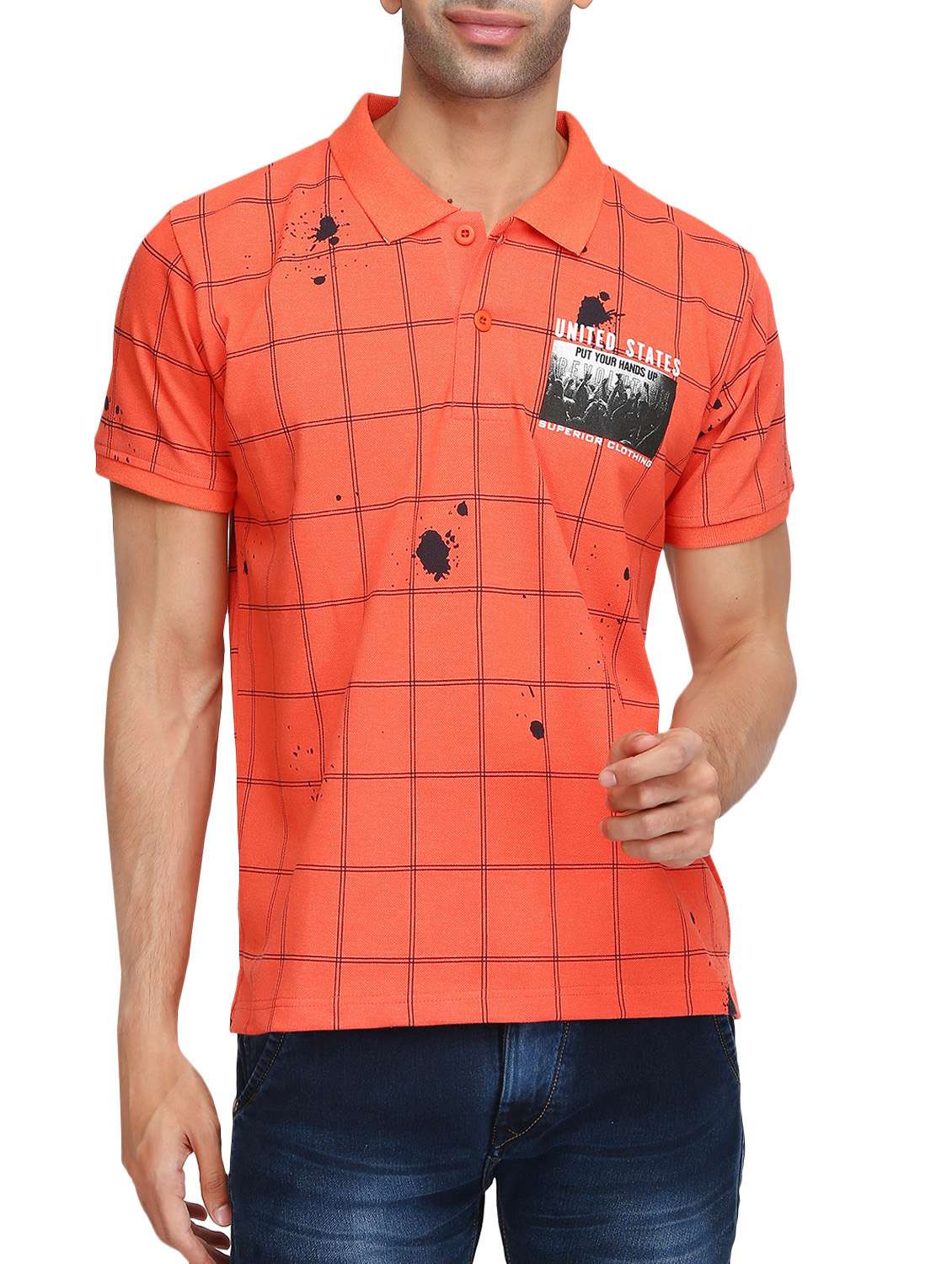 orange cotton checkered t-shirt