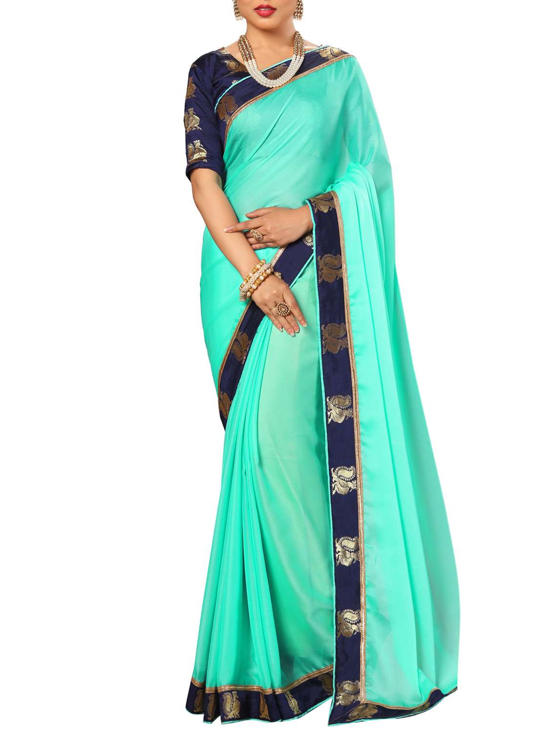 turquoise chiffon bordered saree with blouse - 15092641 - Zoom Image - 0