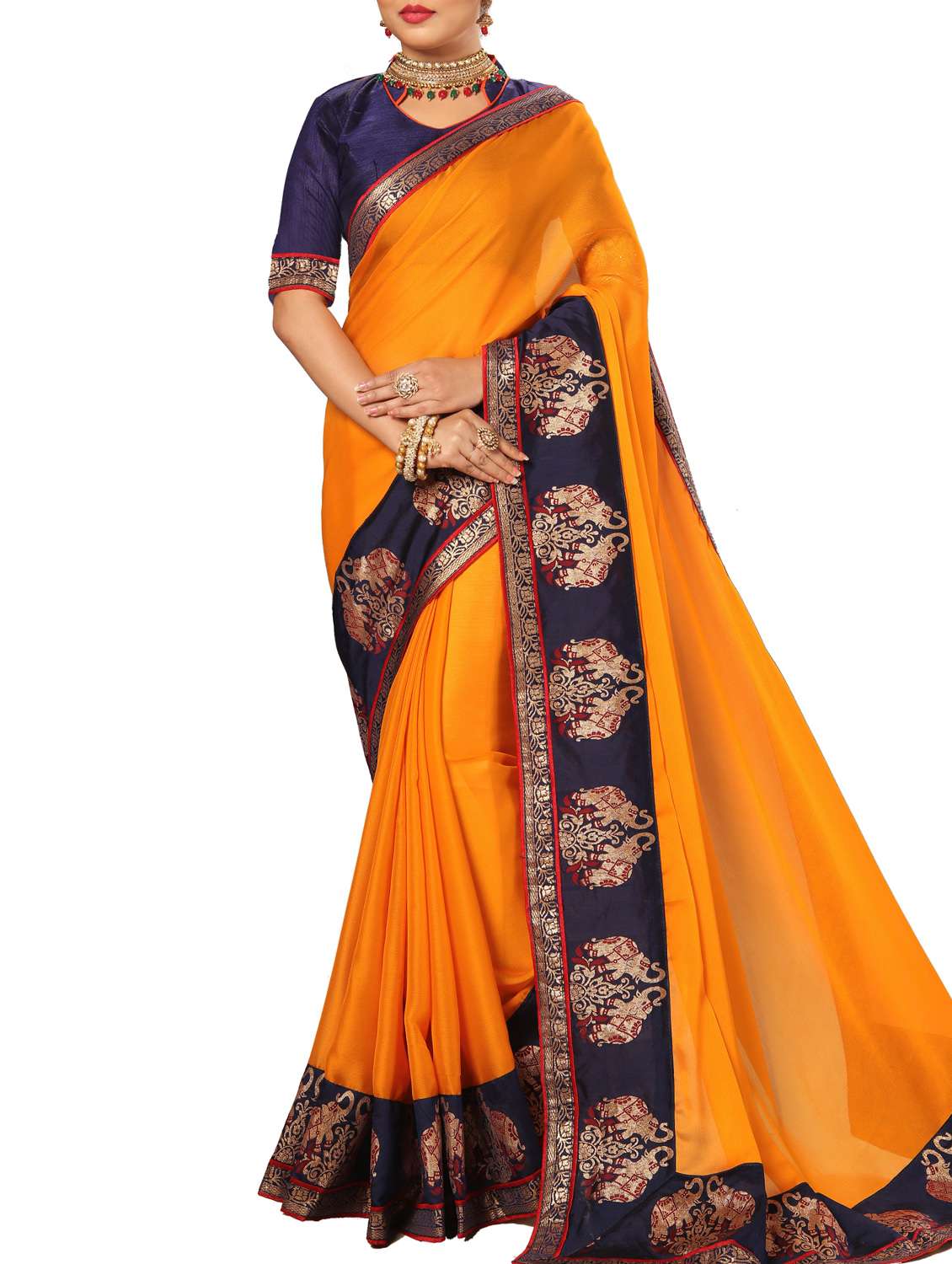 orange satin bordered saree with blouse - 15092642 -  Zoom Image - 0