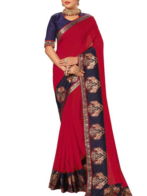 red satin bordered saree with blouse - 15092643 -  Standard Image - 0