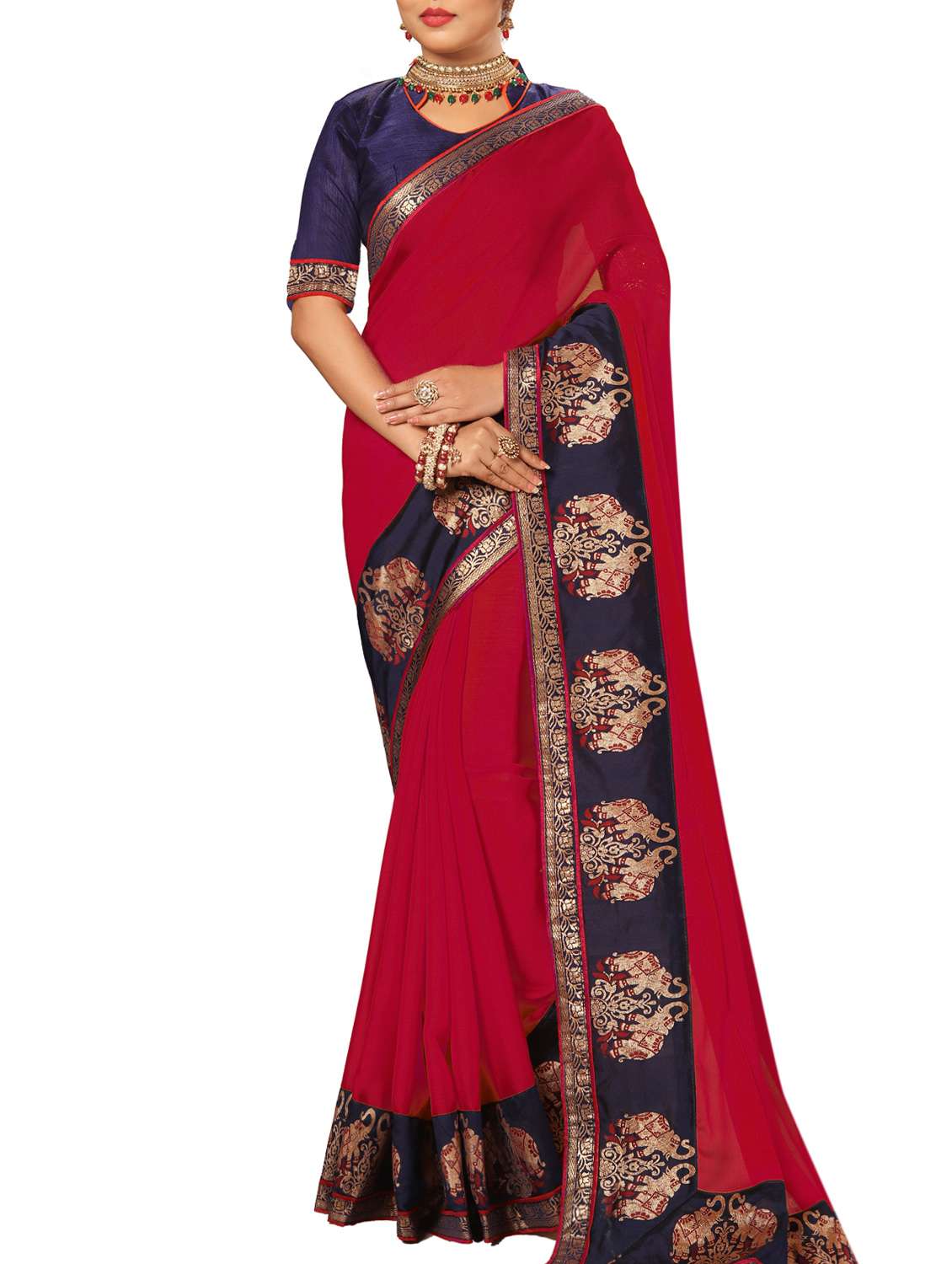 red satin bordered saree with blouse - 15092643 -  Zoom Image - 0
