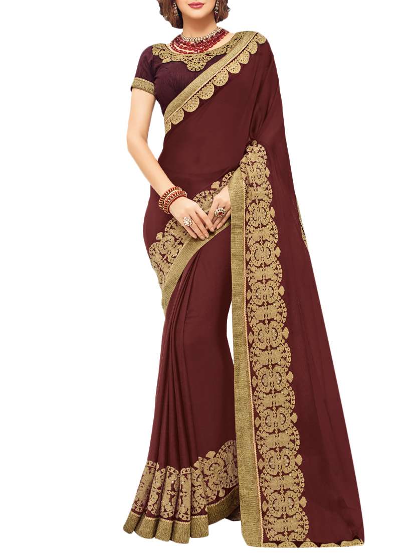maroon chiffon bordered saree with blouse