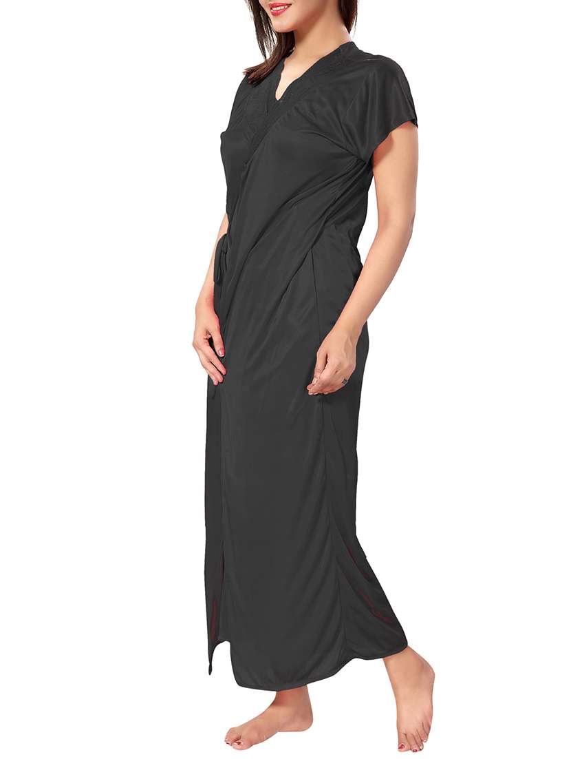 black solid sleepwear robe set - 15096525 -  Standard Image - 3
