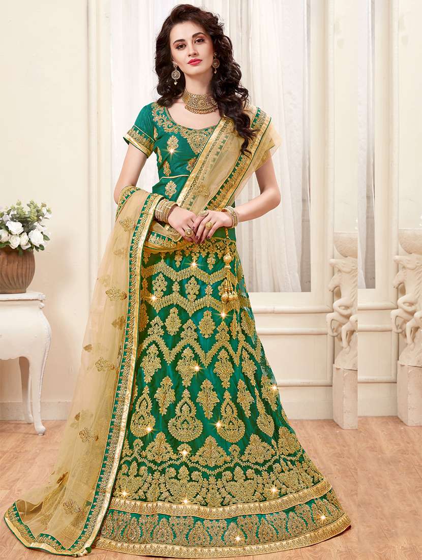 green embroidered a-line lehenga