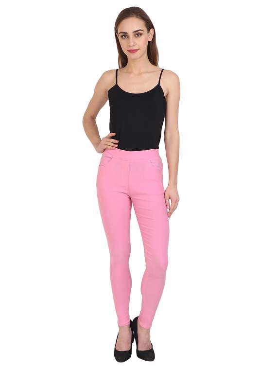 solid pink cotton lycra jegging - 15097445 -  Standard Image - 3