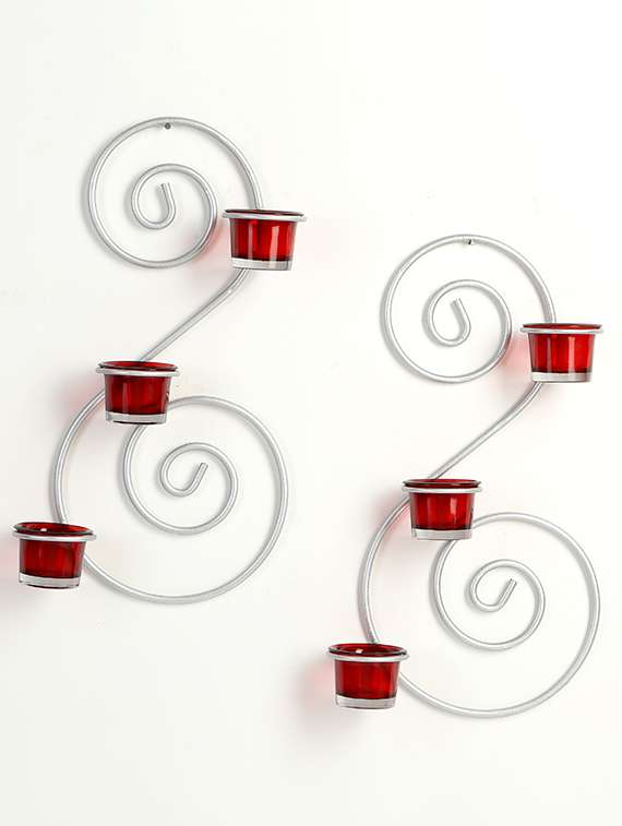 set of 2 metallic silver wall sconce with red and clear glasses