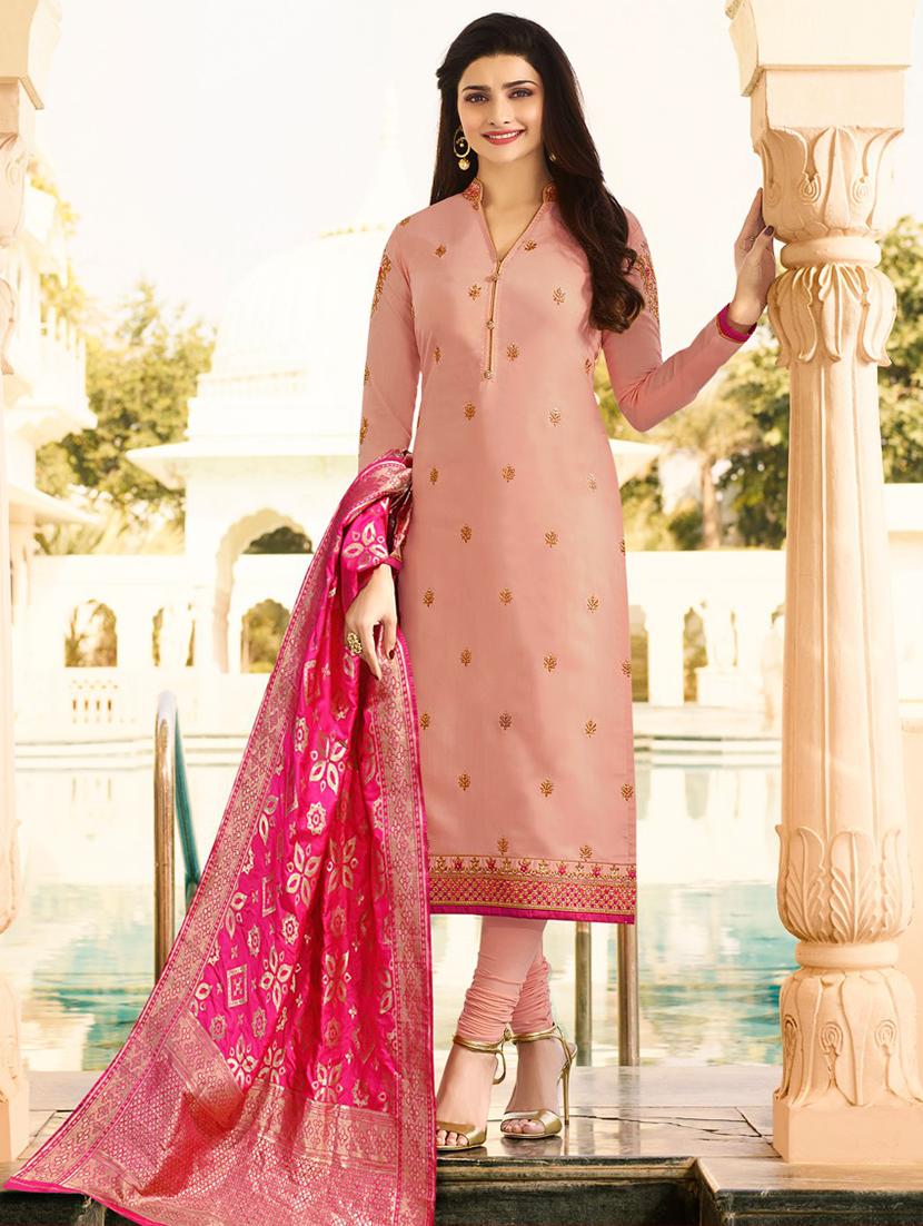 peach silk semi-stitched churidaar suit - 15101781 -  Zoom Image - 0