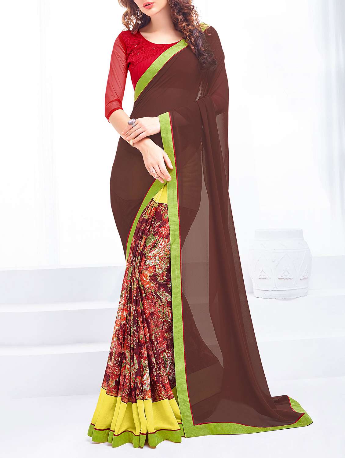 women's printed brown colored saree