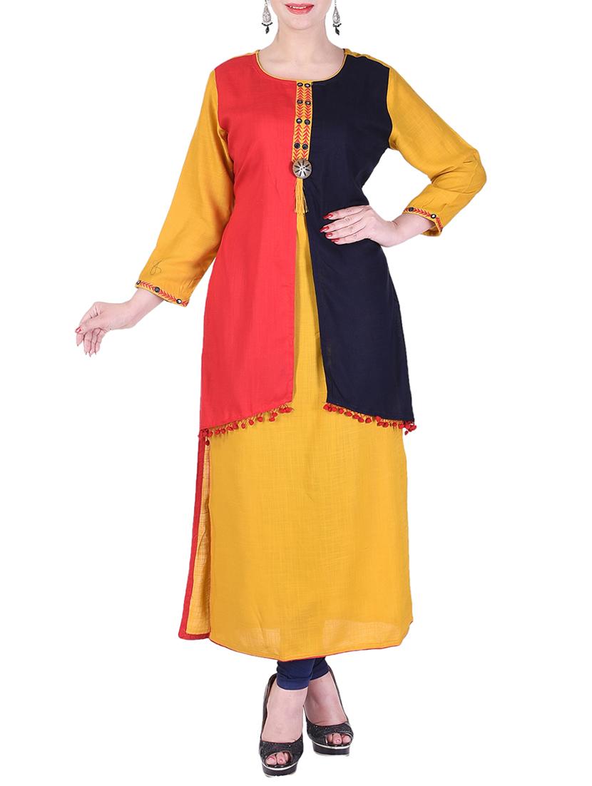 yellow rayon layered kurta - 15103013 - Zoom Image - 0