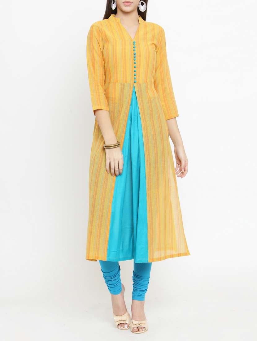 yellow cotton blend a-line kurta