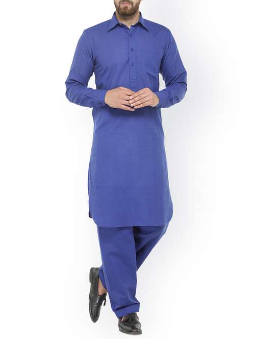 blue cotton pathani kurta set - 15107150 -  Standard Image - 0