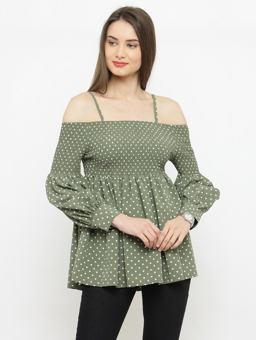 olive cotton polka dotted a line top - 15107251 - Zoom Image - 0