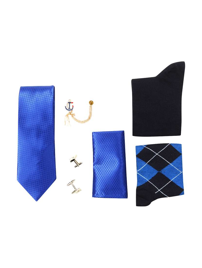 blue micro fiber tie, pair of cufflinks , 2 socks and a pocket square