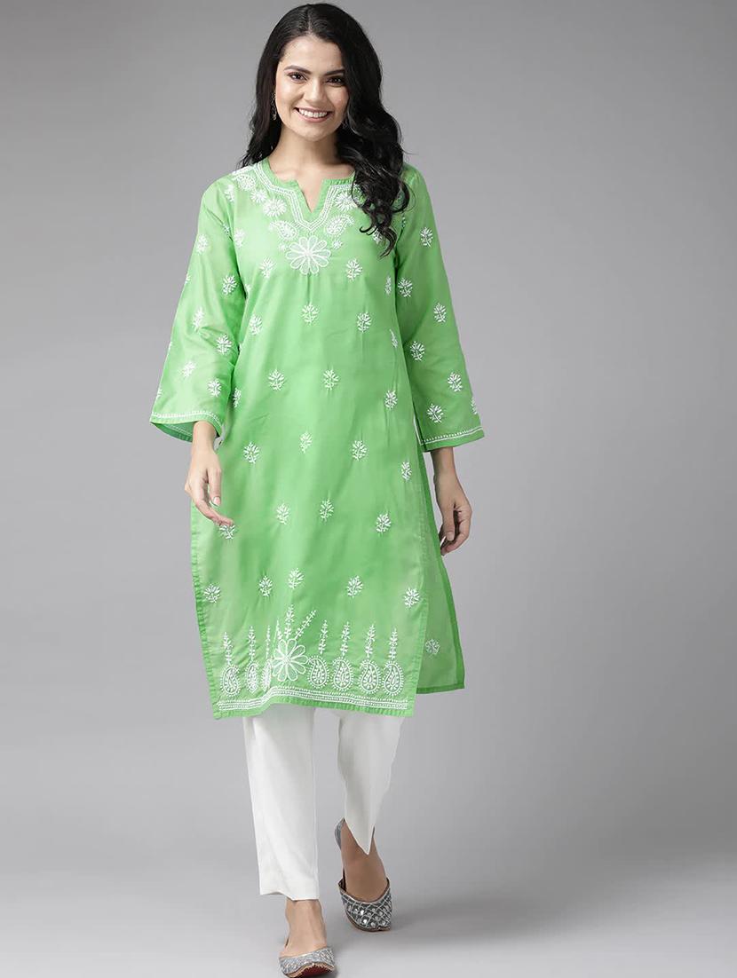 cotton women straight chikankari green kurta - 15132014 - Zoom Image - 0