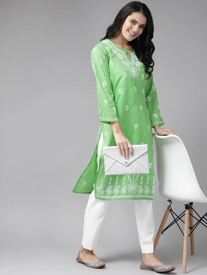 cotton women straight chikankari green kurta - 15132014 - Standard Image - 3