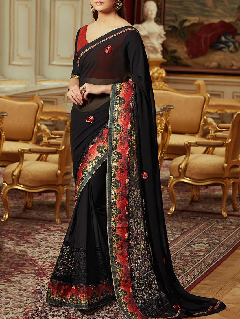 black georgette printed saree with blouse