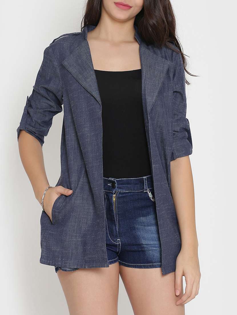 Buy online Solid Blue Denim Shrug from Capes Shrugs for Women by