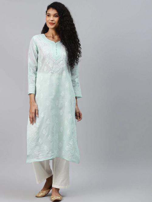 sea green cotton chikankari kurta - 15139266 - Standard Image - 0