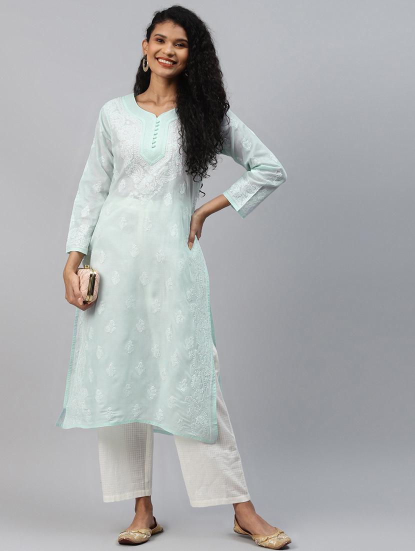 sea green cotton chikankari kurta - 15139266 - Standard Image - 3
