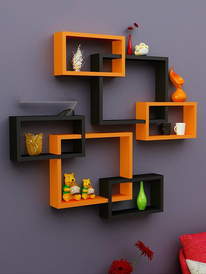 Rectangular Intersecting Floating Wall Shelf Set Of 2 Black Orange