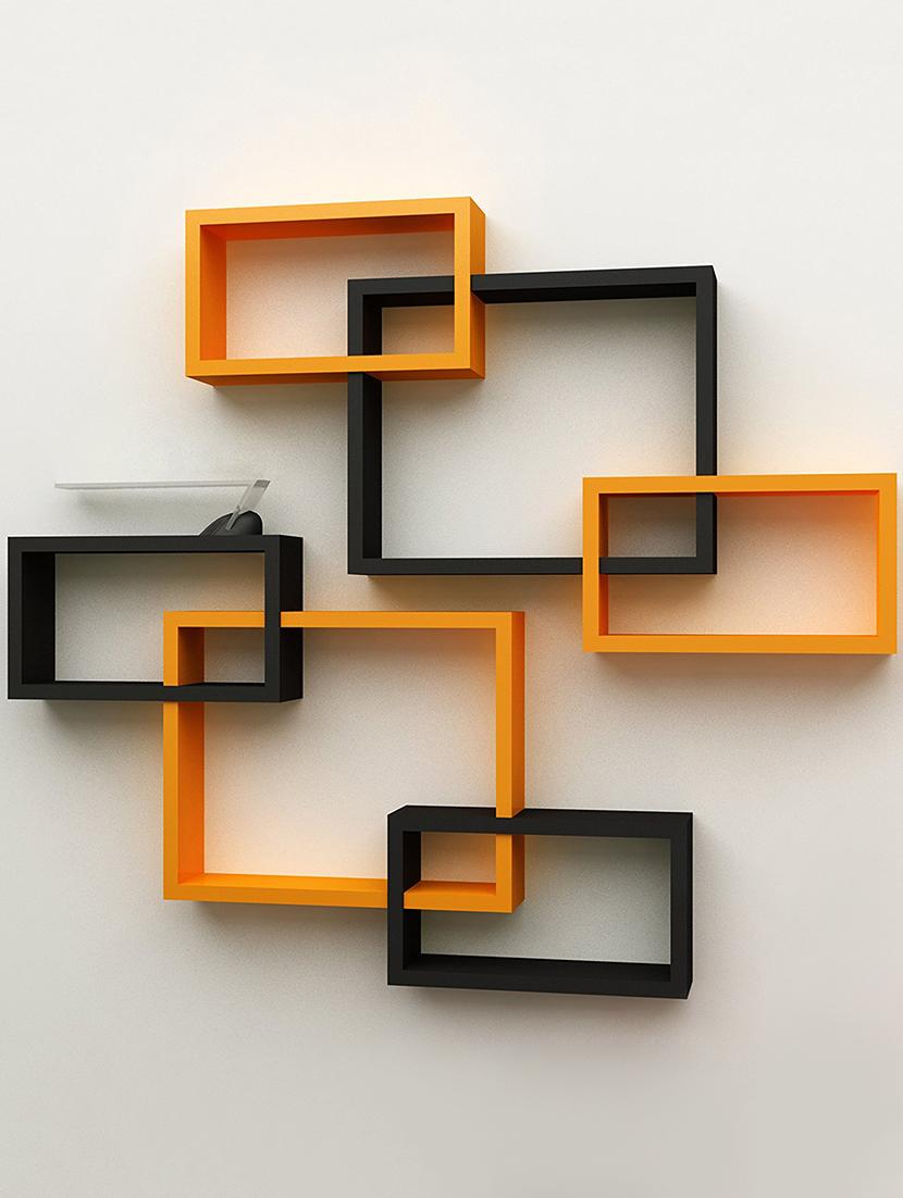 Rectangular Intersecting Floating Wall Shelf Set Of 2 Black Orange