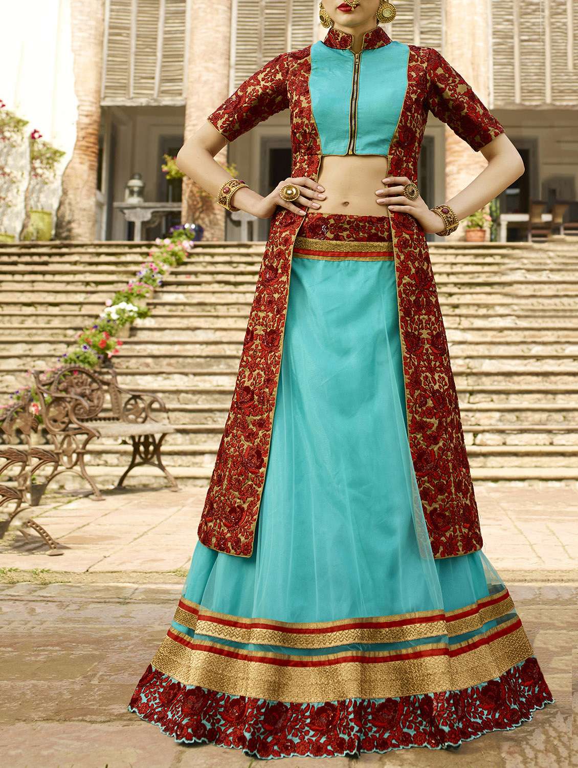 Buy online Blue Embroidered Flared Lehenga Jacket from ethnic wear