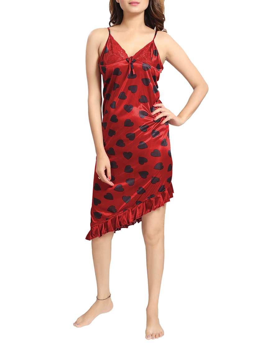 red printed satin nighty