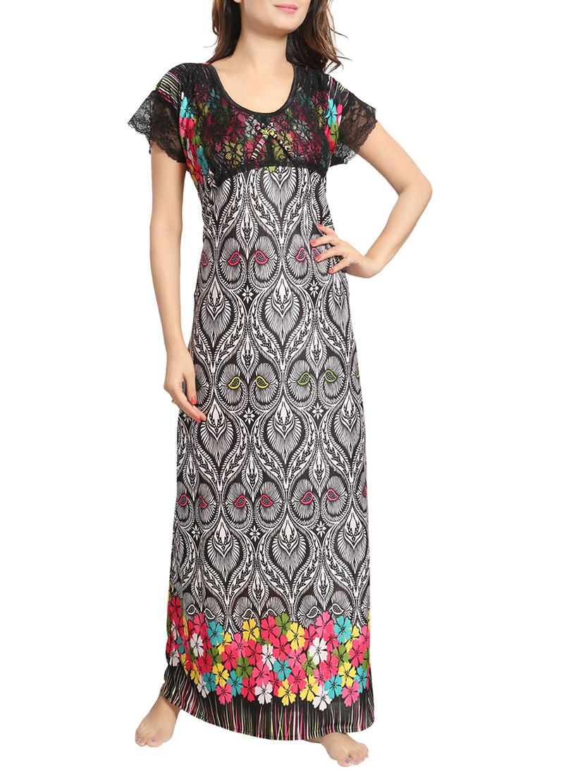 black printed satin gown - 15143344 -  Zoom Image - 0