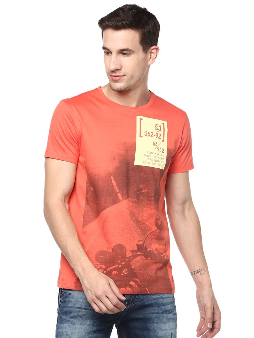orange cotton front print t-shirt - 15147852 -  Zoom Image - 0