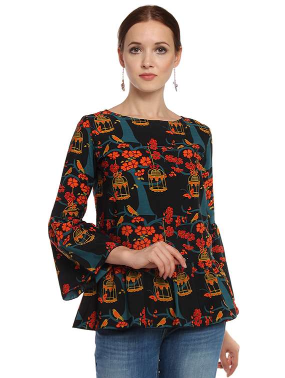 gathered printed bell sleeved top