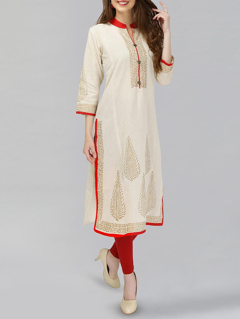 cream cotton solid straight kurta - 15148219 -  Zoom Image - 0