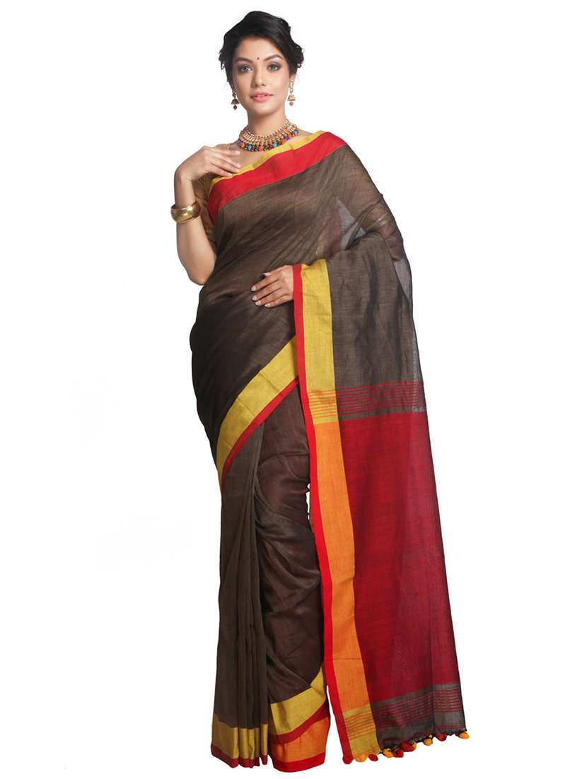 brown linen handloom saree with blouse